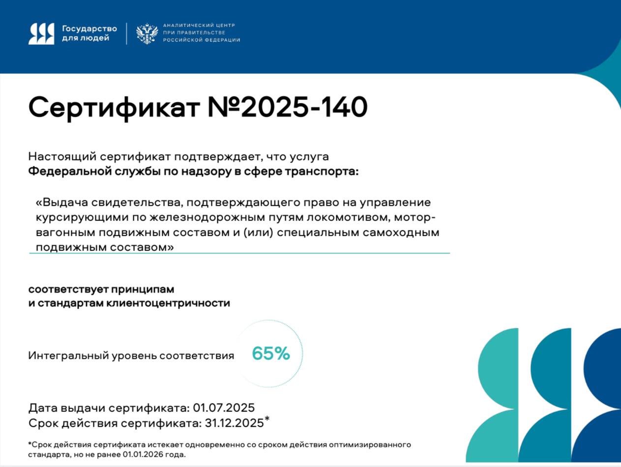 Ространснадзор получил сертификат соответствия госуслуги «Выдача свидетельства, подтверждающего право на управление курсирующими по железнодорожным путям локомотивом, мотор-вагонным подвижным составом и (или) специальным самоходным подвижным составом»